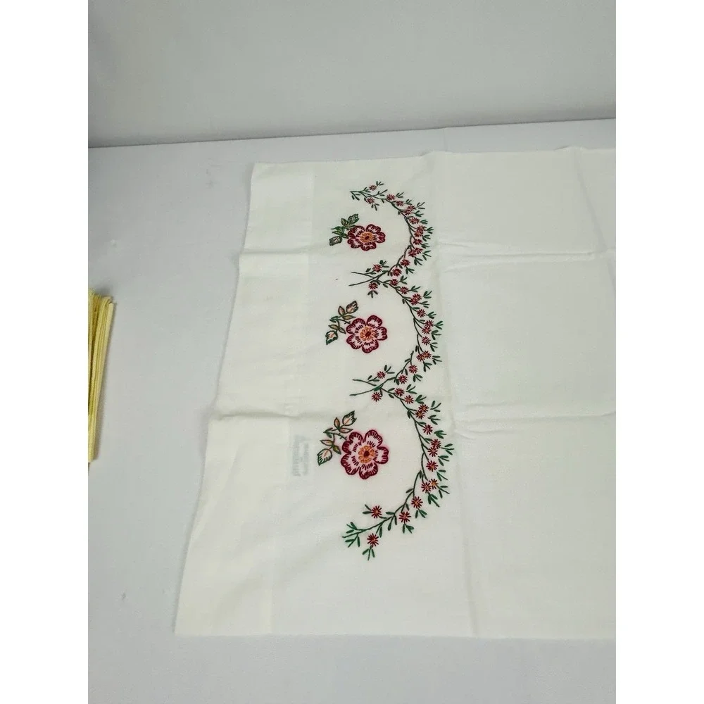 Vintage Cross Stitched Pillowcase White w/ Red Floral 30 x 20